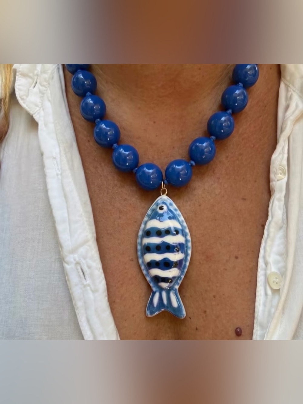 Blue Beaded Necklace with Fish Pendant NWT